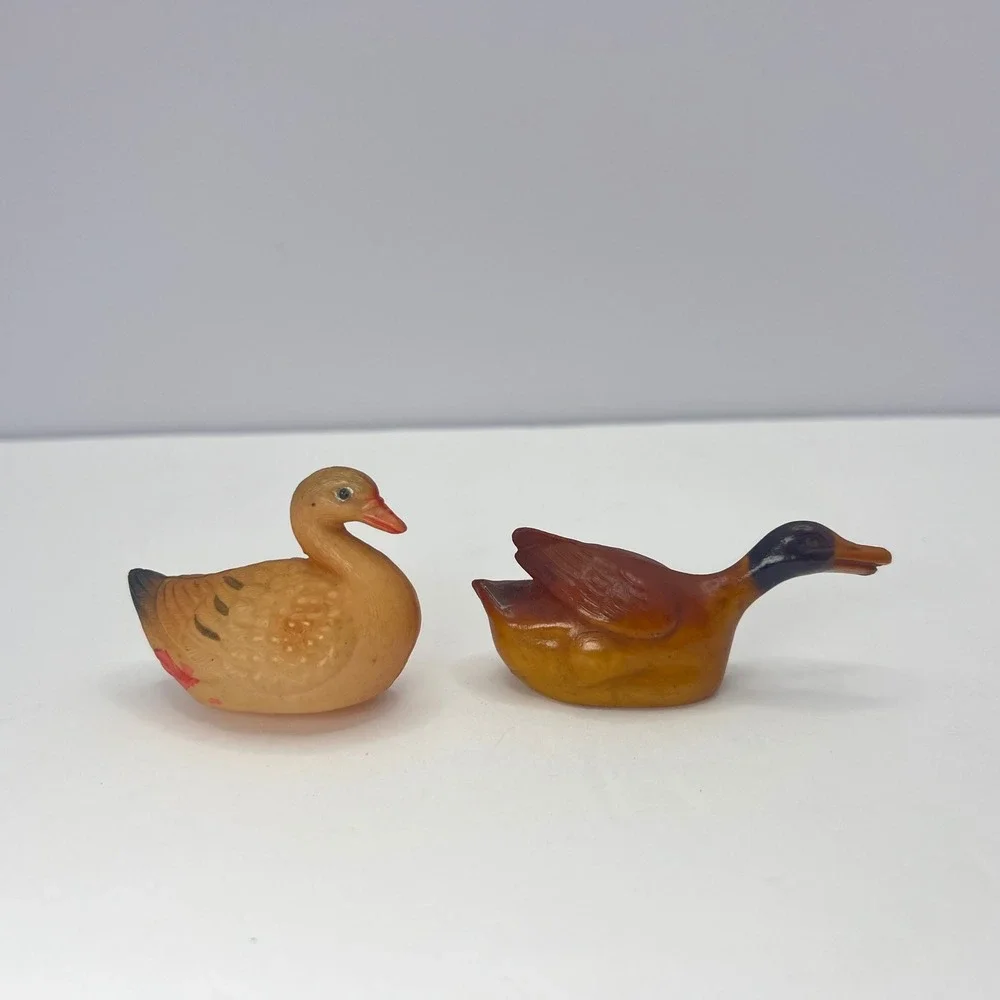 Antique Celluloid Miniature Duck Figurines 1930s Lot of 2 Toy Mallard Rattle‎